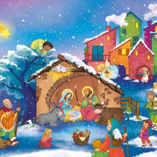 Advent calendar with a lottare of houses and people and angels