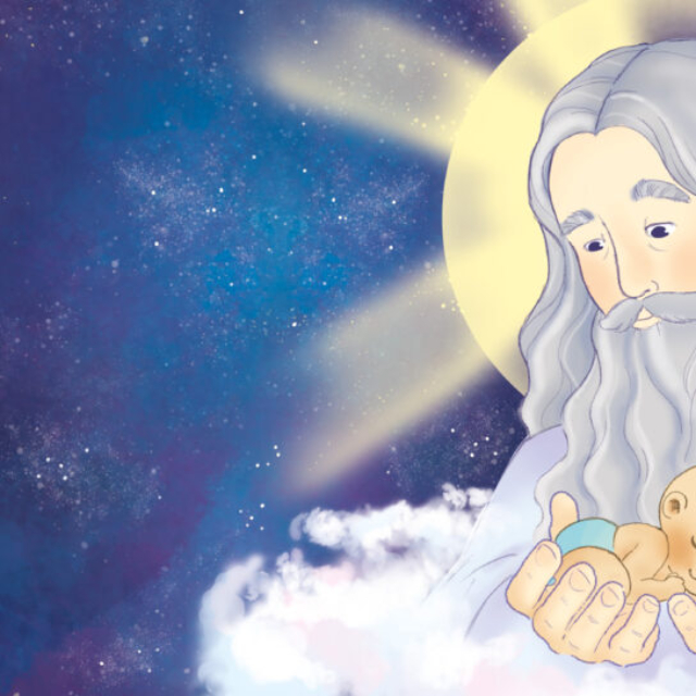 God in a cloud holding a newborn in his hands in the sky at night